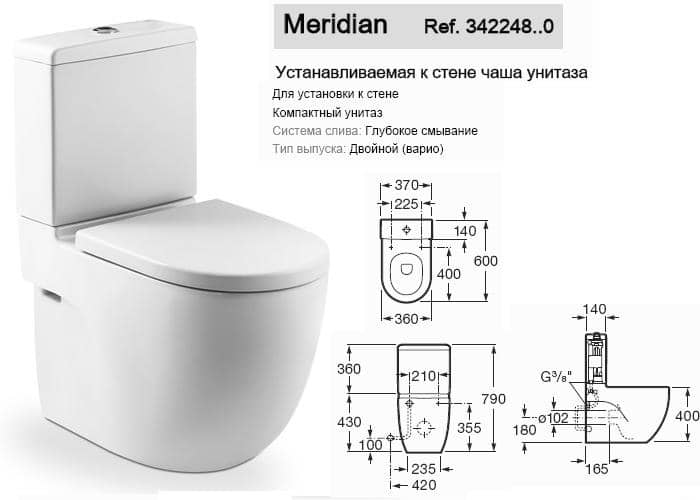 Унитаз Roca Meridian - N Compact Горизонтальный Выпуск